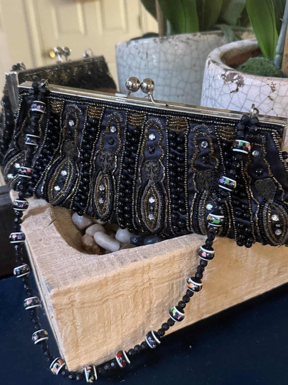 Cato Black Beaded and Rhinestone Clutch